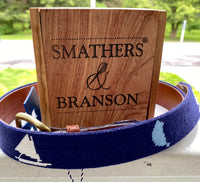 Belt, needlepoint navy lake, sailboat